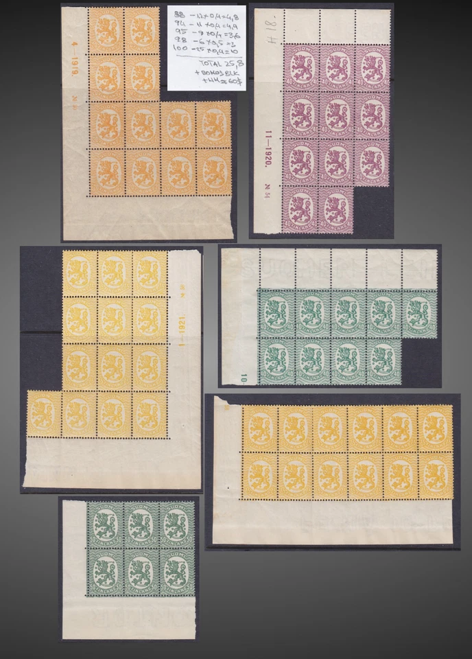 1917-1930 FINLAND RARE BLOCKS CORNER PLATE ARMS SCT. 88 94 95 98a 100 - Image 1 of 1