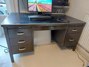 Vintage Writing Desk from the 1950s - 60s Enamelled Metal Leatherette Covered - Picture 1 of 8