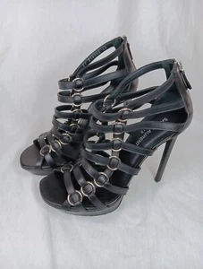 Saint Laurent Nina Cage Sandals Size 40 (9.5) Black Calfskin Strappy Stiletto EC - Picture 1 of 10