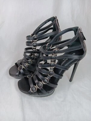 Sandalias Saint Laurent Nina Cage talla 40 (9,5) piel de becerro negra con tiras Stiletto EC Foto 1 de 4