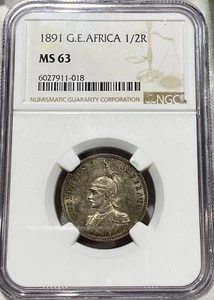 1891 German East Africa Silver 1/2 Rupie NGC MS63 Silky Lustrous Surface Rare - Picture 1 of 6