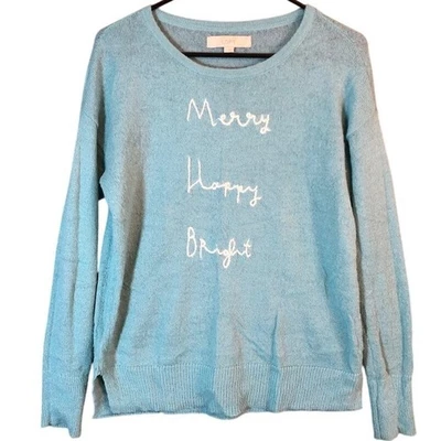 LOFT Mujer Suéter Azul Claro "Merry Happy Bright" Invierno Mohair Mezcla Lana S Foto 1 de 4