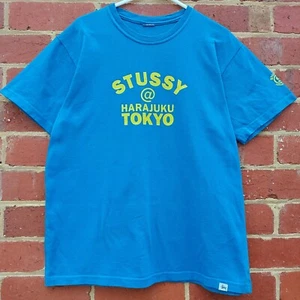RARE Vintage 90s STUSSY HARAJUKU TOKYO Spellout Mens Blue USA Shirt - Medium - Picture 1 of 7