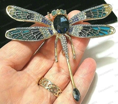 Large BLUE CRYSTAL Enamel DRAGONFLY BROOCH Shawl Pin Vintage Style Jewellery - Image 1 of 4