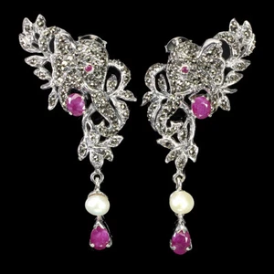 Summer 925 Silver Earrings Oval Ruby Mop Carving Marcasite Gemstone Jewelry - Picture 1 of 9