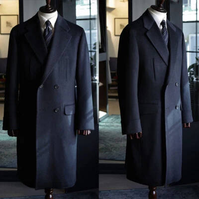 Men Long Overcoat Brown Herringbone Wool Blend Coat Winter Business Outwear - Image 1 of 4