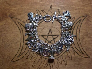 Wicca Witch Pagan 38 Charm Bracelet Cat Pentagram Star Tree Athame Goblet Charms - Picture 1 of 9