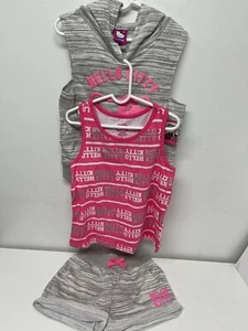 Girls Hello Kitty 3-Pcs Tank, Shorts and Hooded Vest Set Size 8 Pink & Grey - Picture 1 of 9