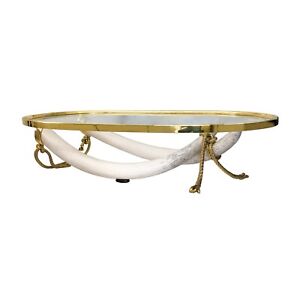 Hollywood Regency Valenti Faux Tusk brass glass Coffee Table 70s Midcentury 80s