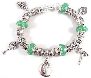 WINE TIME Girls Night Pinot Green Glass Beads Silver European Charm Bracelet