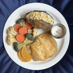 Vintage Fake Food Fish Vegetables Baked Potato Lemons Sour Cream Dinner Plate - Picture 1 of 7