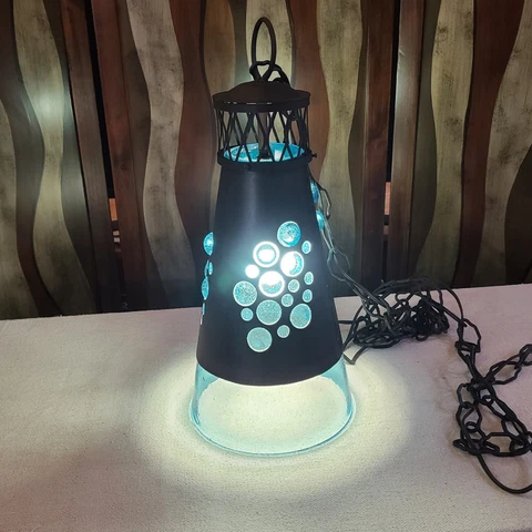 Vintage Caged Imprisoned Blue Glass Pendant Swag Light Fixture Wrought Iron Cover