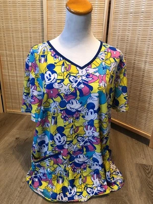 Scrubs Scrub Top Cartoon Disney Mickey and Minnie Mouse Bright Yellow XL H178 - Image 1 of 4