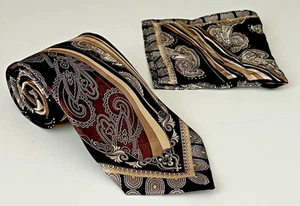 Stacy Adams Silk Tie & Pocket Square Set Paisley Stripe Black Gold Neckwear - Bild 1 von 8