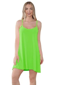 Womens Plain Cami Dress Strappy Swing Sleeveless Flared Long Camisole Mini Top - Picture 1 of 224