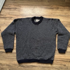 VTG LL Bean Sweater Mens XL Blue White Birdseye Wool Made in Norway Fisherman - Picture 1 of 9