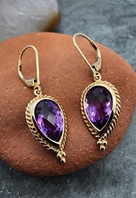 14k .585 Gold Amethyst Pear Dangle Sz 1 3/8" Earrings Au 25188 - Image 1 of 4