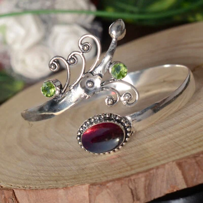 Red Garnet Peridot Gemstone Bracelet 925 Sterling Silver Bangle Woman's Jewelry - Image 1 of 4