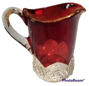 Ruby Red Stain Flash Glass Creamer Clear Diamond Pressed Handle Bottom MCM Vtg - Picture 1 of 6