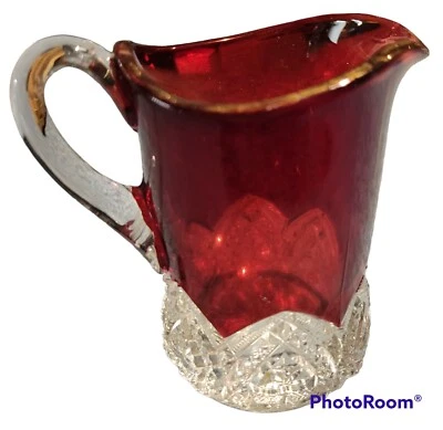 Ruby Red Stain Flash Glass Creamer Clear Diamond Pressed Handle Bottom MCM Vtg - Image 1 of 4