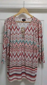 Tacera Top Women’s Size 2X Multicolor Geometric Blouse 3/4 Sleeve Stretch Casual - Picture 1 of 10