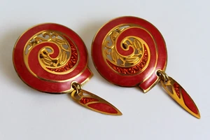 Vintage 1980er Edgar Berebi goldfarbene lachs orange Emaille Clip-on Ohrringe - Bild 1 von 4