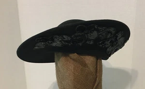 Vintage 100% Wool Black Dress Hat, Sequin Motif On Brim Made In USA Church Hat - Picture 1 of 7