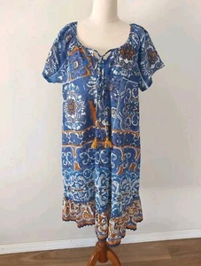 Orientique Australia Size 12 Blue Printed Shift Dress 100% Cotton Pockets - Picture 1 of 13