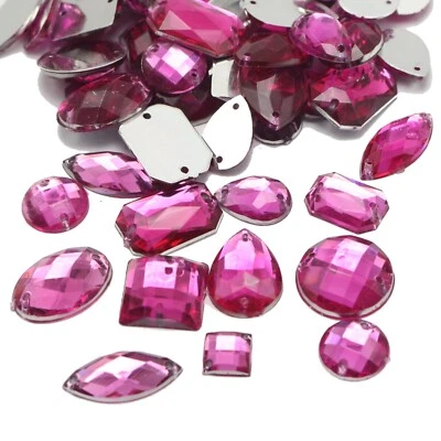 100 Hot Pink Flatback Acrylic Sewing Rhinestone Assorted Shape Sew on Diamante - image 1 of 4