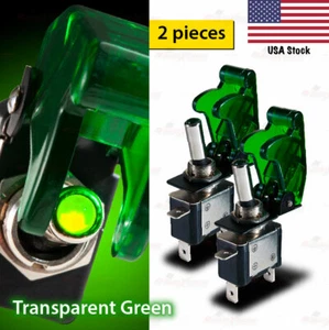2x 12V 20A SPST Toggle Switch ON/OFF GREEN LED TRANSPARENT Aircraft Spring Cover - Picture 1 of 7