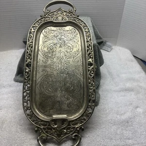 Castilian Imports Silver Over Brass  Tray Handles Footed India Etched - Picture 1 of 8