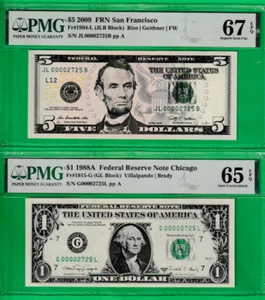 2009 $5 & 1988A $1 Federal Reserve Notes MATCHING LOW S/N 00002725 Pair PMG - Picture 1 of 2
