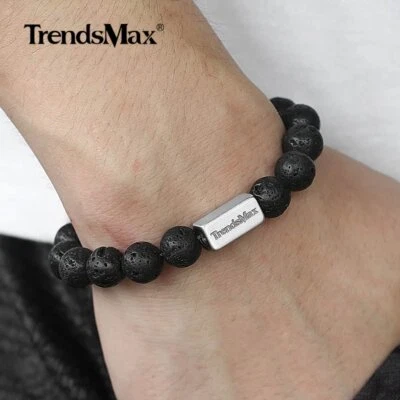 8MM 8" Mens Natural Black Lava Stone Rock Beaded Bracelet Yoga Bangle Jewelry - Image 1 of 2