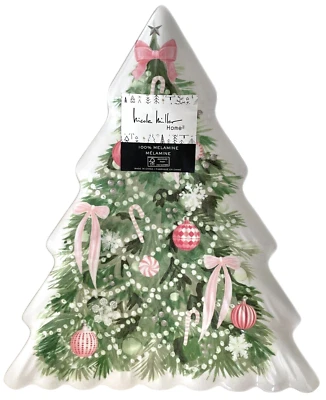 Nicole Miller 15” Christmas Tree Melamine Platter Tray Pink Bows & Ornaments  - Image 1 of 2