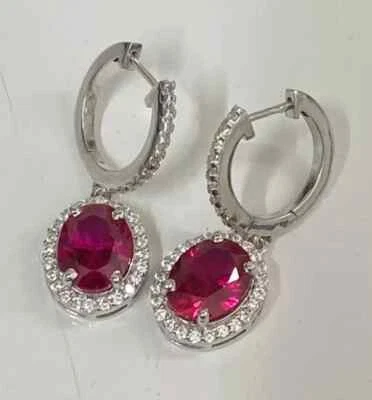 Natural Oval Ruby & Diamond Dangle Women's Earrings For Wedding 14k White Gold - Image 1 of 4