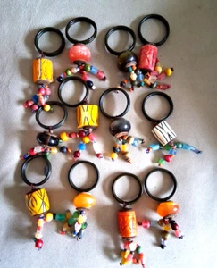 Set Of 6 Colorful Bohemian Pier 1 Tribal Style Glass & Wood Beaded Napkin Rings - Picture 1 of 3