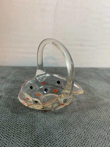Vintage Paneled Mini Basket Applied Handle Miniature Polka Dot Clear Glass Cover