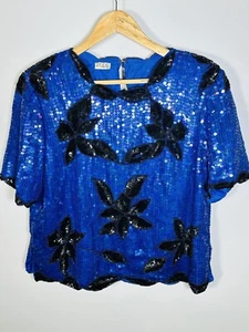 Vintage Sequin Top Size 14-16 Short Sleeves Blue Black Flowers Silk - Picture 1 of 9