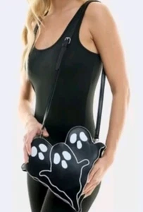 Ghost Crossbody Bag- Novelty Purse Black Faux Leather Halloween Detachable Strap - Picture 1 of 7