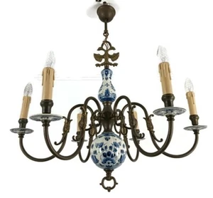 Delft Blue white Porcelain Brass Chandelier 6 arm Fixture Barn Farmhouse style - Picture 1 of 16