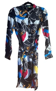 27 Vintage Ralph Lauren Silk Belted Dress Print Flag Nautical 2p Black - Picture 1 of 8