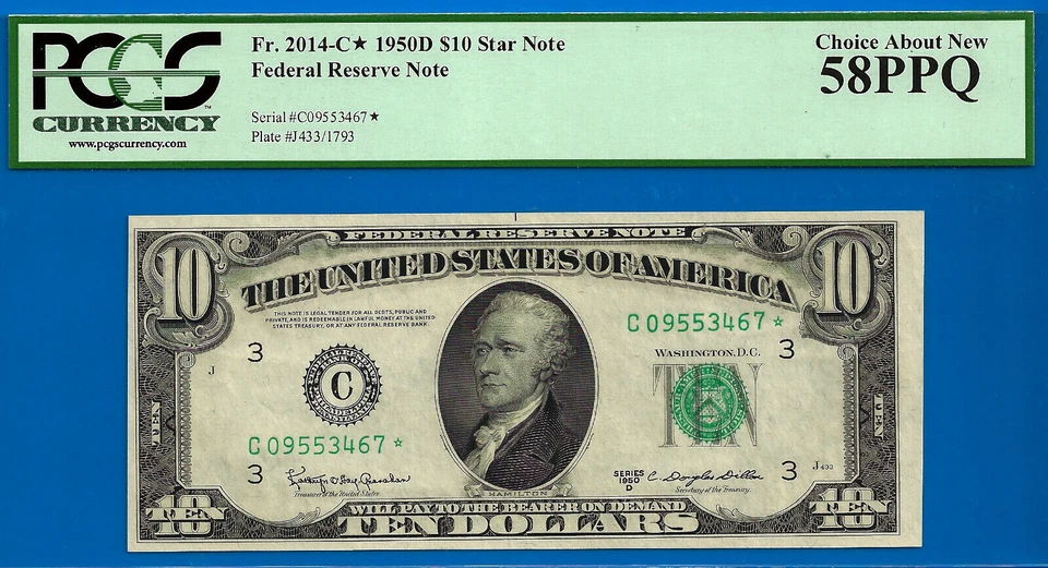 1950D $10 Federal Resrve Note PCGS 58PPQ 10 known Philadelphia star Fr 2014-C* - Image 1 of 3