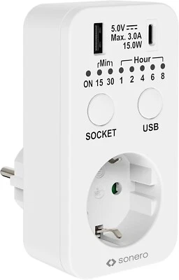 Timersteckdose Countdown Schaltsteckdose mit USB + USB-C Zeitschaltuhr Timer - Bild 1 von 4
