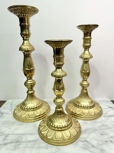 Vintage Large Heavy Brass Candlesticks Holders Graduated 13” 12” 11” Trio Decor - Picture 1 of 12