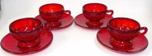 4 Vintage Ruby Red Amberina Glass Georgian Cup & Saucer Sets - Picture 1 of 4