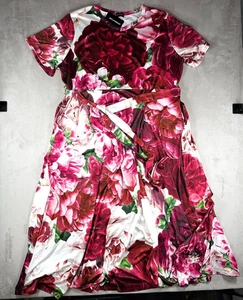 NWT Pluswear Spandex Size 4XL Dress w/ Pockets Short sleeve V-neck Red Rose - Picture 1 of 22