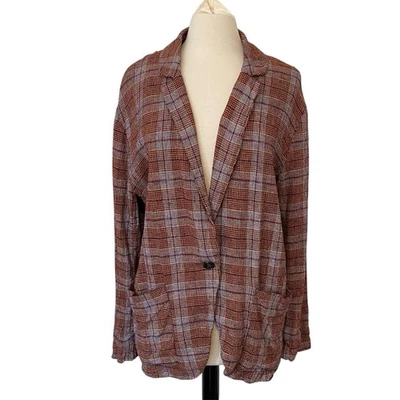 Blazer Free People Simply a Cuadros para Mujer S Gran Tamaño Mezcla de Lino Borgoña Foto 1 de 4