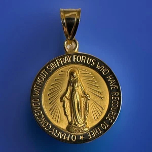 14K Real Yellow Gold Miraculous Mary Medal Religious Charm Pendant MADE IN USA - Picture 1 of 10
