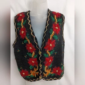 Stickerei Vintage Blumen handgestrickt schwarz rot Blumen Weihnachten Pullover Weste (#29) - Bild 1 von 8