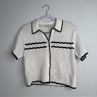 Polo de ganchillo Abercrombie & Fitch S para mujer blanco negro a rayas tejido abierto preppy Foto 1 de 4
